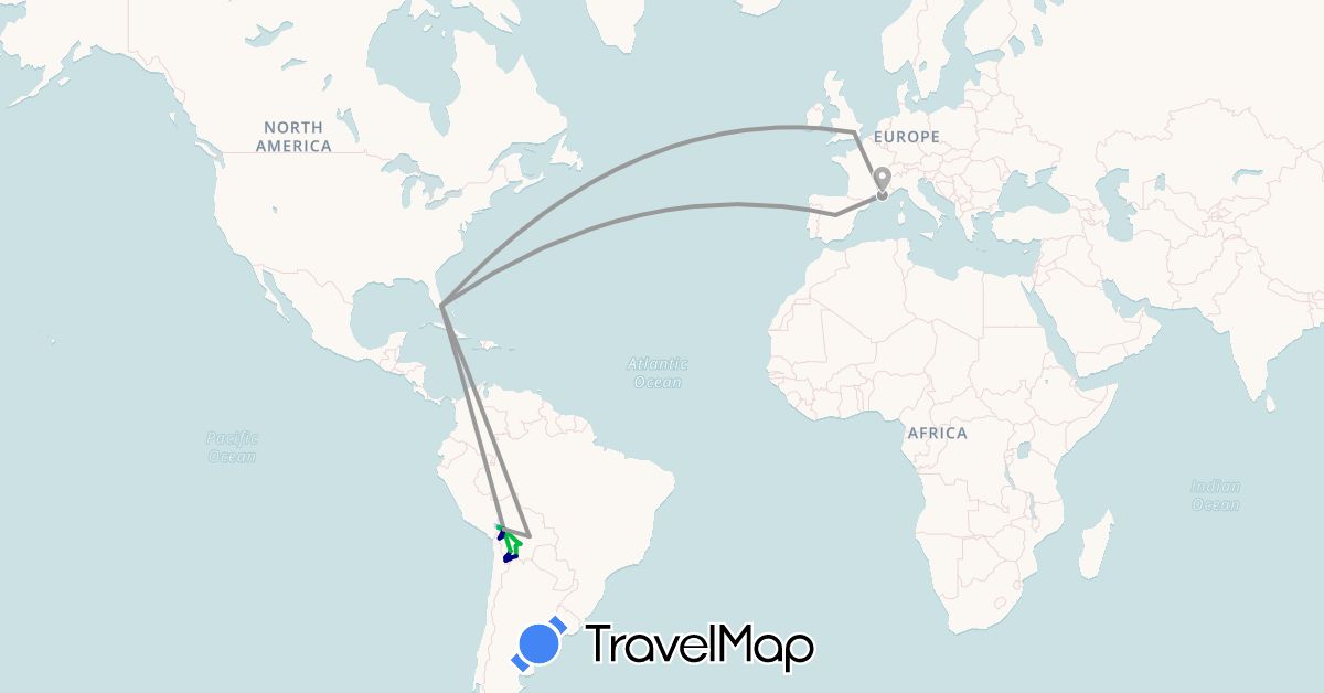 TravelMap itinerary: driving, bus, plane, hiking, boat in Bolivia, Spain, France, United Kingdom, United States (Europe, North America, South America)